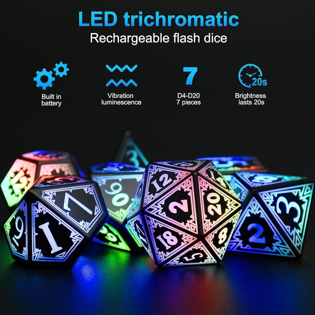 Light Up DND Dice Set of 7 USB Rechargeable Role Playing Dice with Charging Box, Shake to Light up LED Dice for Dungeons and Dragons Role Playing Tabletop Games