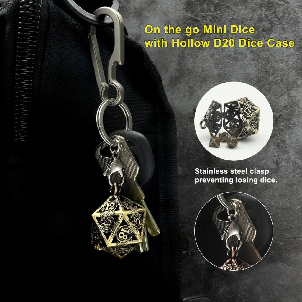 Haxtec Mini Dice Set Copper Hollow D20 Necklace Dice Case Antique Tiny Small Metal DND Dice Set DD Keychain Metal Dice Set
