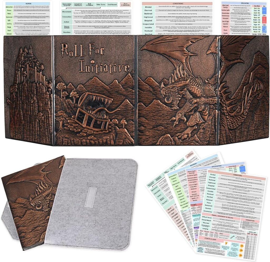 CZYY DND Dungeon Master Screen Faux Leather Embossed Dragon  Mimic, Four-Panel with Pockets DM Screen for Dungeons and Dragon, Pathfinder, DD