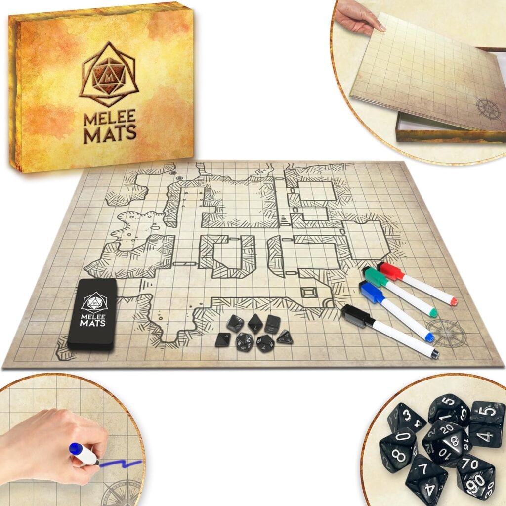 Melee Mats DND Map Starter Kit for Dungeons  Dragons Game - 23” x 27 Double Sided, Wet/Dry Erase Battle Terrain Grid - Ultimate Tabletop Board Gaming Experience with Accessories