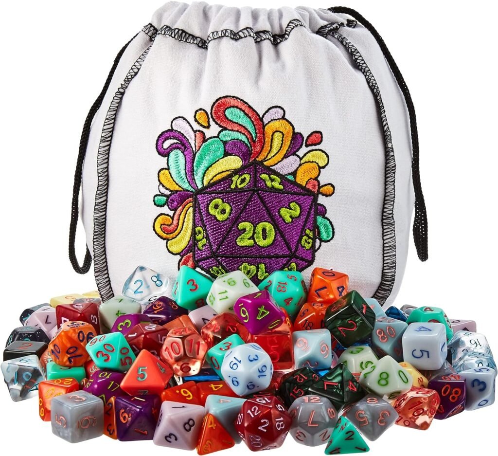 Wiz Dice Bag of Splendor - 140 Polyhedral Dice in 20 Sets - Complete Collection of Series IV Dice in Embroidered Dice Bag - TTRPG Role-Playing Bulk Tabletop RPG Gaming Accessories - D20 D6 D4