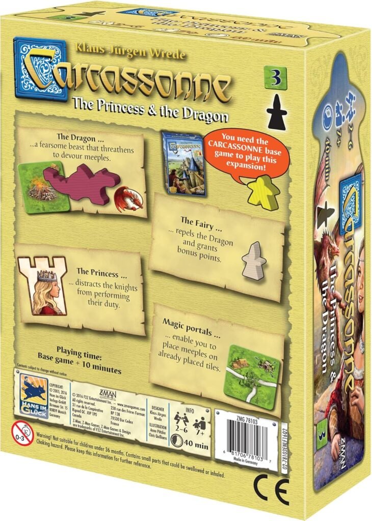 Carcassonne The Princess  The Dragon Board Game EXPANSION - Chivalry, Sorcery and Intrigue Await! Strategy Game for Kids and Adults, Ages 7+, 2-6 Players, 45 Minute Playtime, Made by Z-Man Games