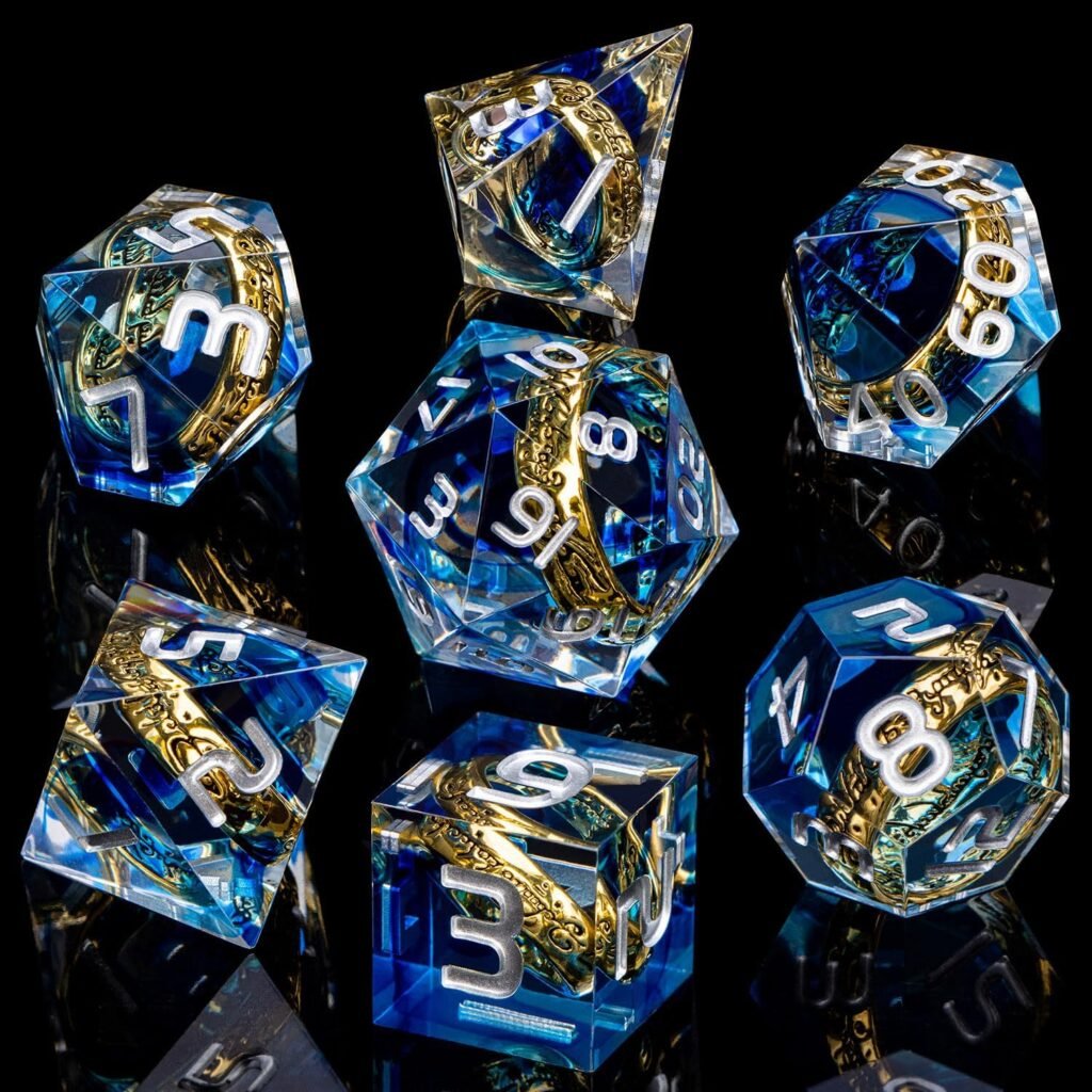 Lord of The Rings DND Dice Resin Sharp Edge Dice, Blue D and D Polyhedral Dice Set for Dungeons and Dragons RPG Role Playing Games, LOTR Magic DD Dice with Box D20 D12 D10 D8 D6 D4